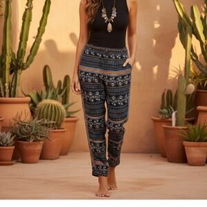 Elevenses Navy Orange Floral Stripe Aralia Pants size 6